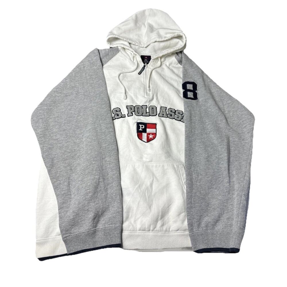 Vintage Y2K U.S. Polo Assn Hoodie Men's L White Grey Sweatshirt 1/4 Zip Logo 90s